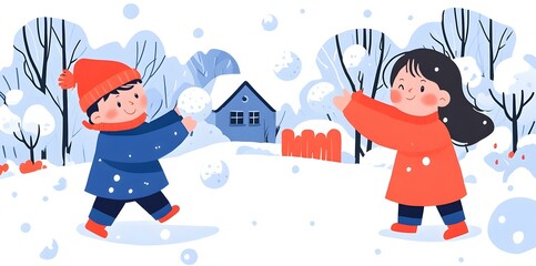 Naklejka premium Two children are having a snowball fight in the snow.