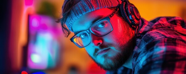 Young caucasian male gamer in headphones with neon lights and focused expression