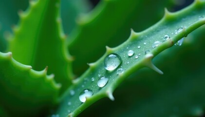 Macro shot of water droplets on aloe leaf's ridges, droplet, closeup