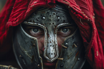 Generative AI image of a fierce ancient gladiator in battle-worn armor and helmet, inspired by Greek warriors