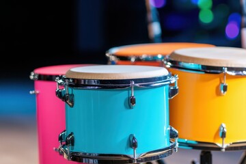 Obraz premium Colorful tom toms and snare drums stand ready on stage, promising a vibrant and rhythmic musical performance