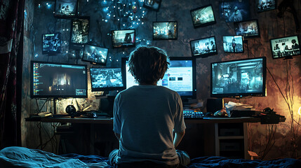 teenager engaged in online safety training, surrounded by multiple screens and cozy atmosphere