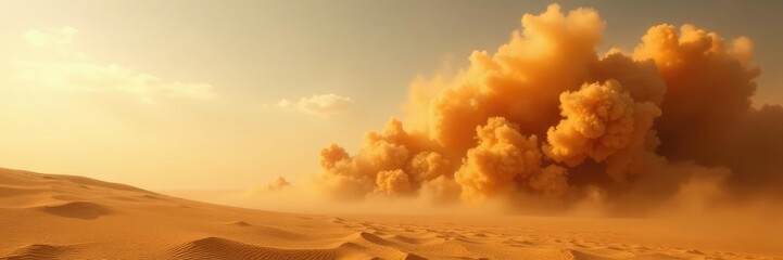 Majestic sandstorm raging across the desert landscape with dunes shifting rapidly, blinding dust, wind