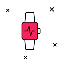 Filled outline Smart watch showing heart beat rate icon isolated on white background. Fitness App concept. Vector