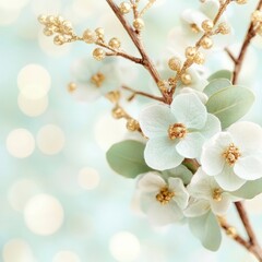 Fototapeta premium Delicate White and Gold Flowers on Branch with Soft Blue Bokeh Background
