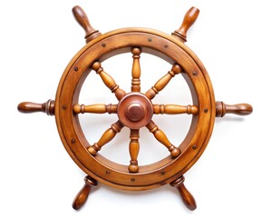 Large Old ship wooden steering wheel rudder isolated on white background
