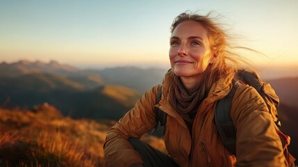 A happy woman with wind-swept hair kneels on a mountain trail, taking in the breathtaking views of nature and showcasing a spirit of adventure and appreciation for the outdoors.