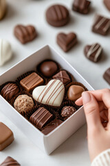 Hand selecting gourmet chocolate from assorted box
