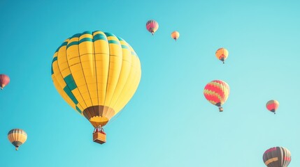 Fototapeta premium yellow hot air balloons floating in a clear blue sky. Travel and vacation concept with copy space, a banner for advertising or text.