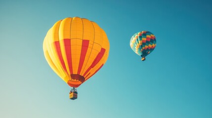 Naklejka premium yellow hot air balloons floating in a clear blue sky. Travel and vacation concept with copy space, a banner for advertising or text.