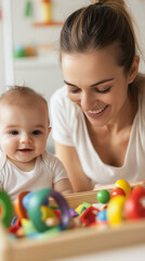 Fototapeta premium Mother bonding with baby during playtime at home 