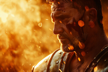 Generative AI image of a fierce ancient gladiator in battle-worn armor and helmet, inspired by Greek warriors