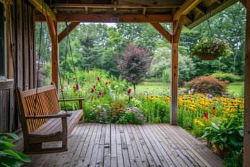 Beautiful Wooden Swing Surrounded by Vibrant Flowers in a Serene Garden Setting During the Afternoon