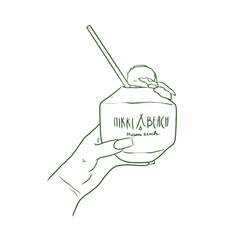 Hand holding coconut water vector, sketch summer drink