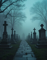 Fototapeta premium Foggy Graveyard Scene with Stone Path and Spooky Atmosphere
