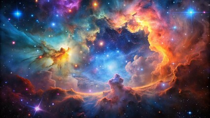 A colorful nebula with swirls of gas and dust, shining bright with stars and surrounded by a dark starry background.