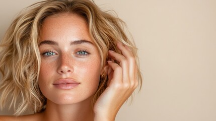 Obraz premium This beautiful image features a freckled young woman gently touching her hair, showcasing her radiant smile, which evokes feelings of warmth, charm, and carefree joy.