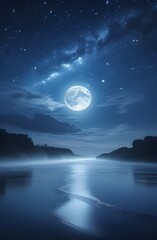Fototapeta premium Enchanting Moonlit Clouds and Starlit River Creating a Tranquil Nightscape Wallpaper