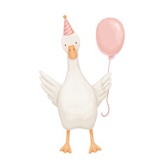 Cute baby goose with balloon, funny character, watercolor isolated illustration for kids © Elena