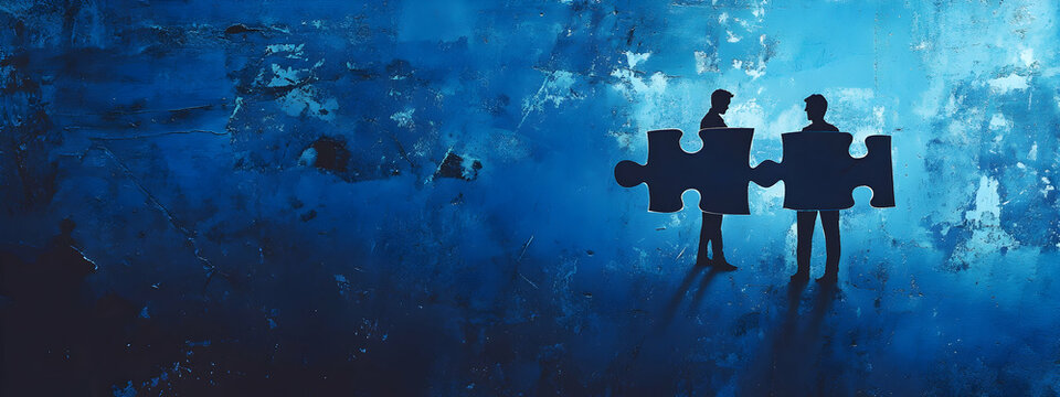 Photo of a businessman connecting two puzzle pieces on a blue background - Powered by Adobe