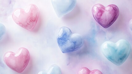 Obraz premium Watercolor hearts in soft pink, blue, and lavender hues on a light background, romantic and serene visual