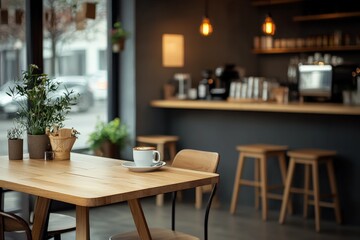 Fototapeta premium Cozy coffee shop interior with wooden table and steaming cup during morning hours
