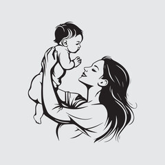 vector illustration of a loving mother holding her baby , black and white silhouette.