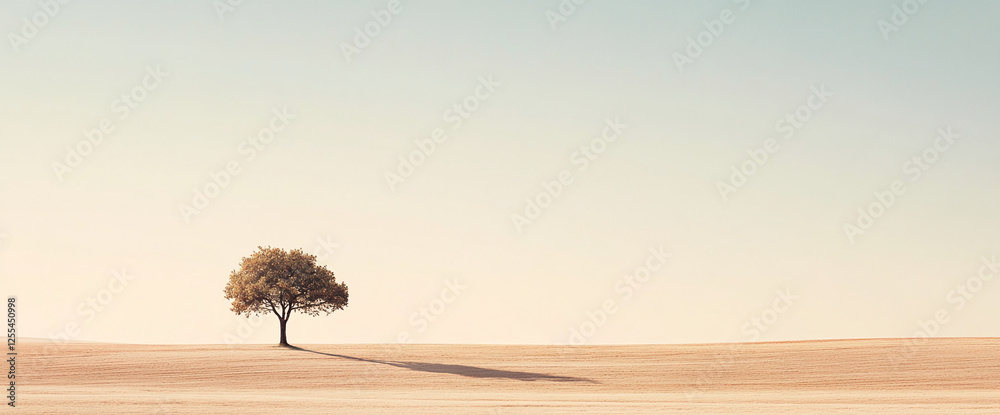 Poster a lone tree standing on a vast, open landscape with a soft gradient sky, symbolizing solitude, natur