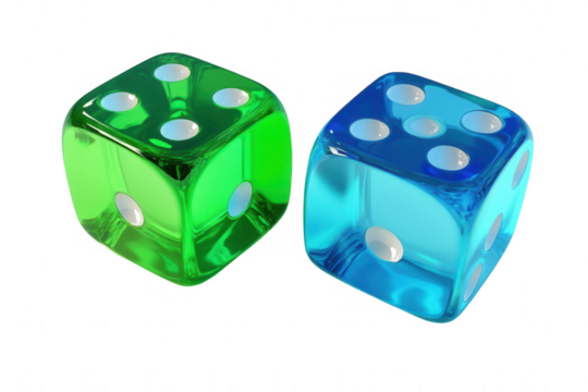 Two colorful translucent dice in green and blue colors used for games and entertainment on a white background