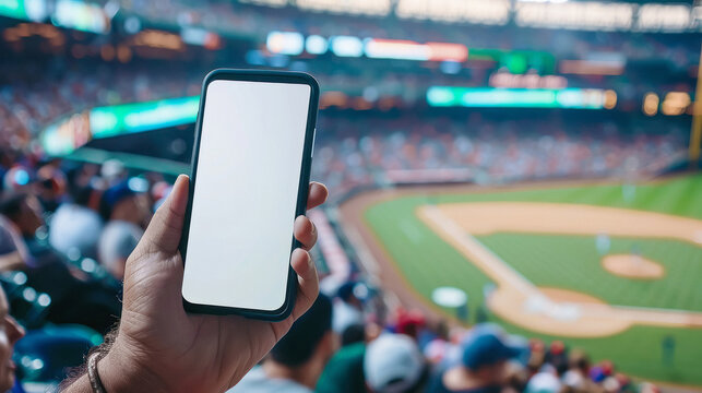 fan hand holding phone in soccer game, blank white screen