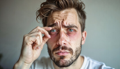 Young man with itchy red eyes and worried expression, close-up portrait, indoor setting
