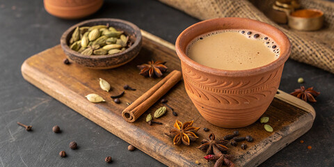 A warm, aromatic cup of masala chai, served in a rustic, natural clay cup (kullad), offers a rich blend of spices that evokes the essence of traditional Indian tea culture. Captured from a top-down.