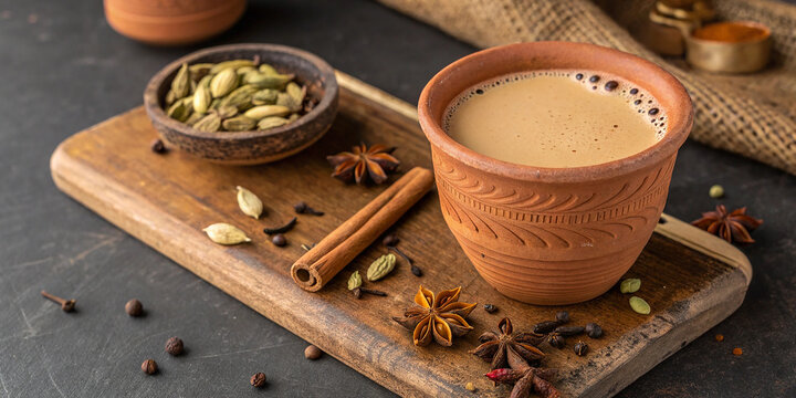 A warm, aromatic cup of masala chai, served in a rustic, natural clay cup (kullad), offers a rich blend of spices that evokes the essence of traditional Indian tea culture. Captured from a top-down.