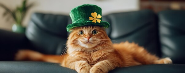 Ginger cat wearing green shamrock hat relaxing on couch