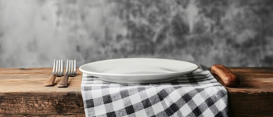 Rustic Table Setting with Empty Plate and Checkered Napkin for Culinary Presentation