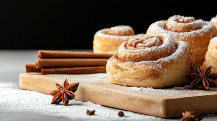A delightful arrangement of freshly baked cinnamon rolls, topped with powdered sugar and elegantly placed alongside cinnamon sticks and star anise on a wooden board.