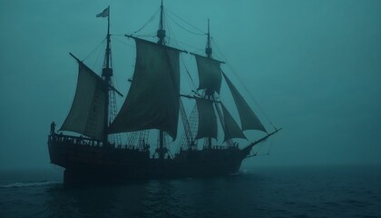 Spectral Sailing, A Tall Ship Navigating Through Ominous Misty Waters