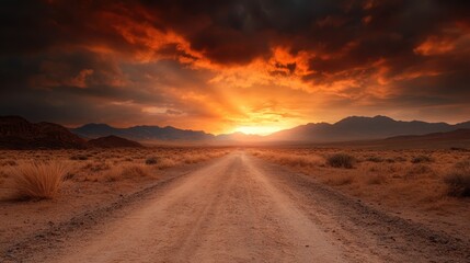 Radiant golden sunlight beams through dark clouds above an endless desert road, creating a stunning visual that captures the essence of freedom and adventure.