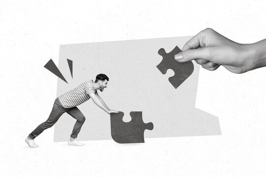 Collage photo of funny active hard pushing guy puzzle decision solve problems genius idea match elements together isolated on beige background