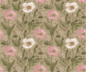 Seamless pattern. Beautiful blooming realistic isolated flowers. Vintage background fabric. Poppy Poppies wildflowers set. Wallpaper baroque. Drawing engraving sketch Vector victorian illustration © Наталья Лобенко
