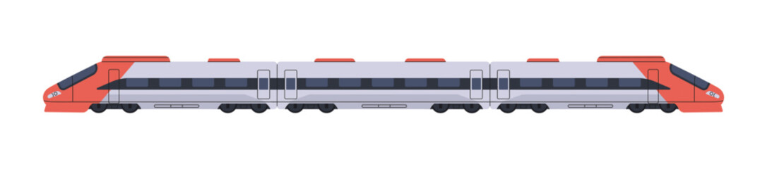 Bullet train side view. Modern high speed passenger railroad transport with carriages. Fast electric railway locomotive with wagons. Rail travel. Flat isolated vector illustration on white background © Paper Trident