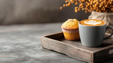 A cozy arrangement featuring a cup of latte art and a muffin on a rustic wooden tray, perfect for a calm coffee break or a delightful snack moment.