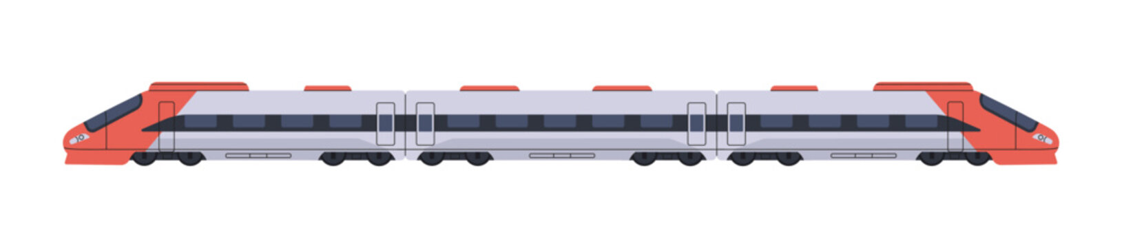 Bullet train side view. Modern high speed passenger railroad transport with carriages. Fast electric railway locomotive with wagons. Rail travel. Flat isolated vector illustration on white background
