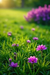 Fototapeta premium Rich plum-colored blooms scattered across a lush green lawn, grassy fields, purple flowers
