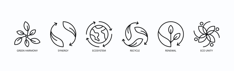 Sustainable Synergy Icon Set Isolated Vector With Icon Of Green Harmony, Synergy, Ecosystem, Recycle, Renewal, Eco Unity In Outline Style