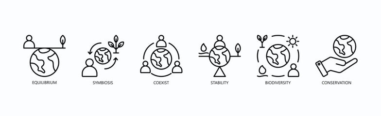 Harmony In Balance Icon Set Isolated Vector With Icon Of Equilibrium, Symbiosis, Coexist, Stability, Biodiversity, Conservation In Outline Style