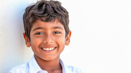 smiling indian little boy wearing white shirts, Outdoor white background