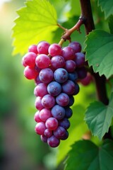 Soft purple clusters of juicy grapes hang from a vine, grapes, greenery