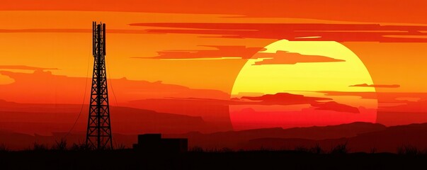 Fototapeta premium Majestic sunset over desert landscape with cell tower silhouette
