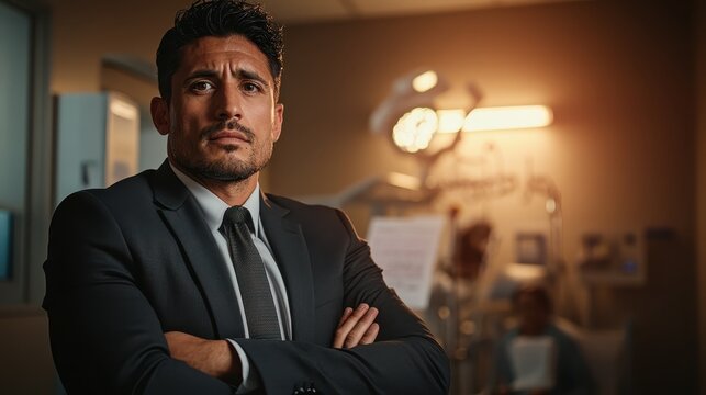 A confident man in a suit standing with assurance in an emergency room, conveying strength and readiness to face challenging situations in critical moments.